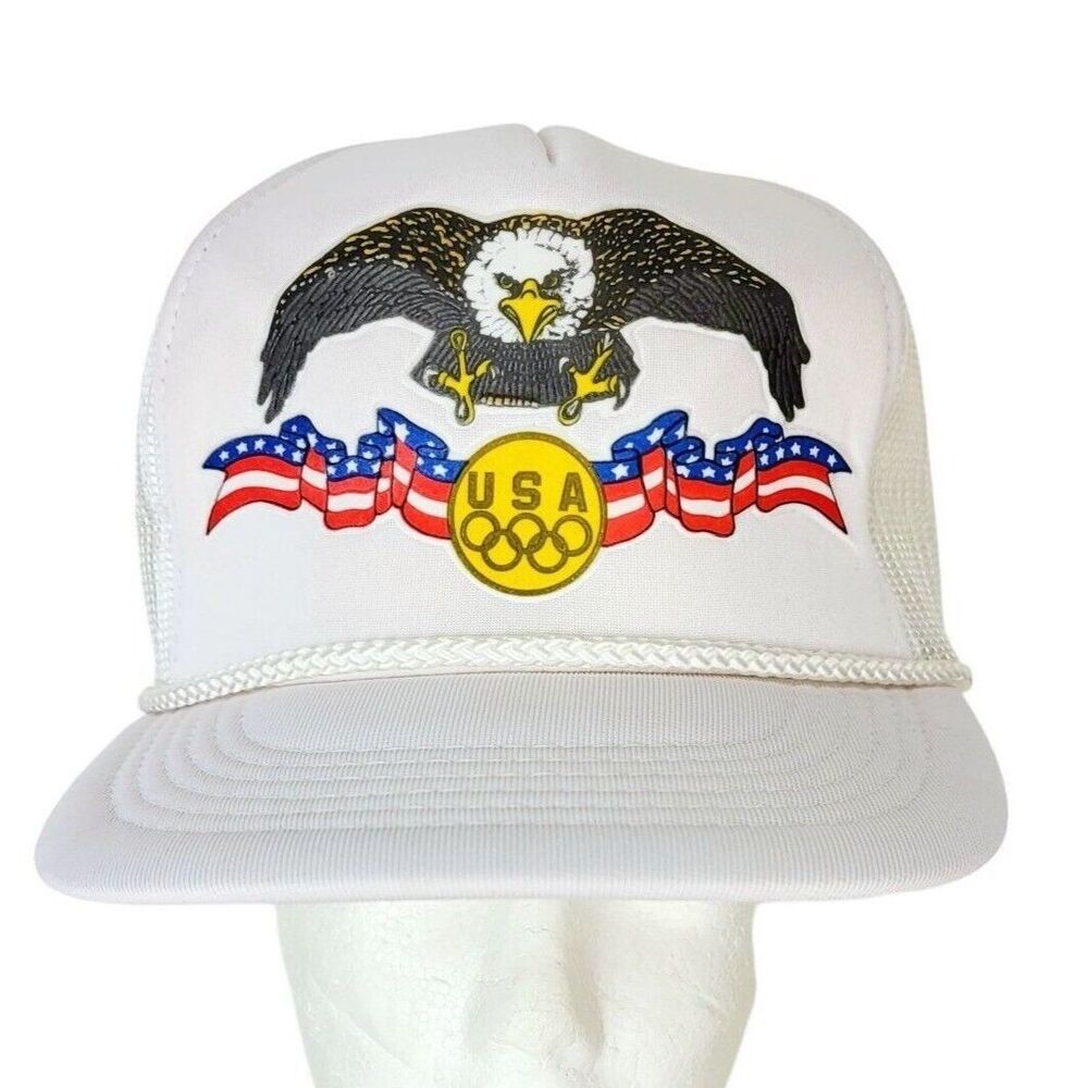 VTG 80s CLUTCH Drew Pearson USA Olympics Eagle Flag Foam Rope Mesh Trucker Hat
